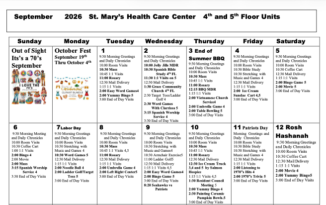 Portion of Activities Calendar